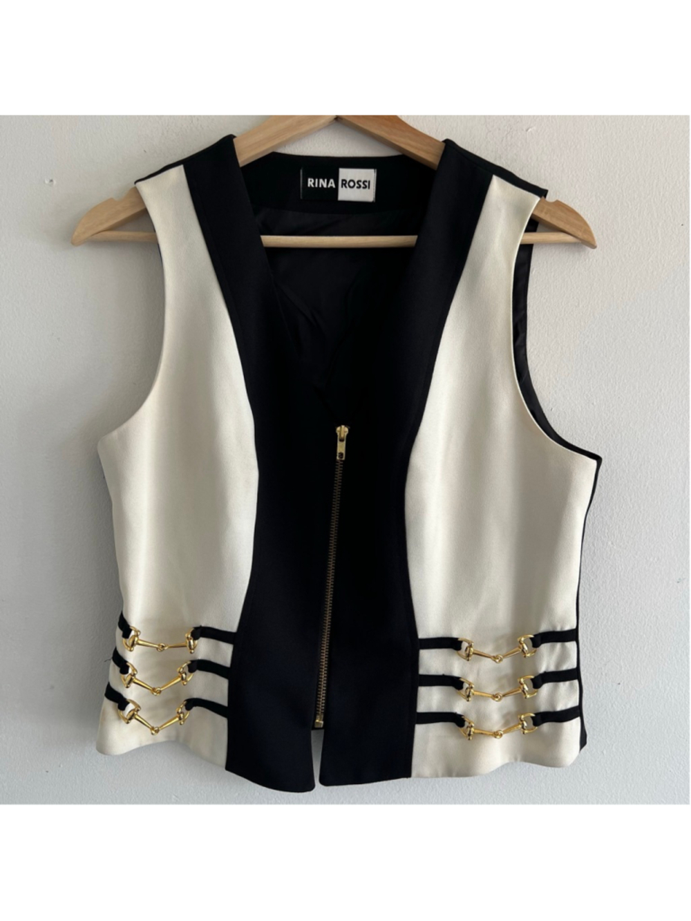 RINA ROSSI Vest Size 18 Black White Gold Hardware